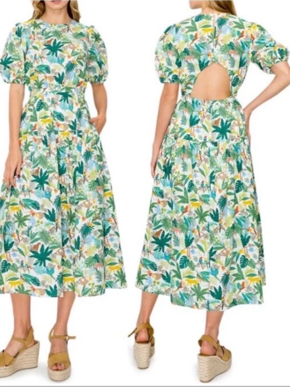 MELLODAY Tropical garden party Sleeve Midi Dress jungle botanical